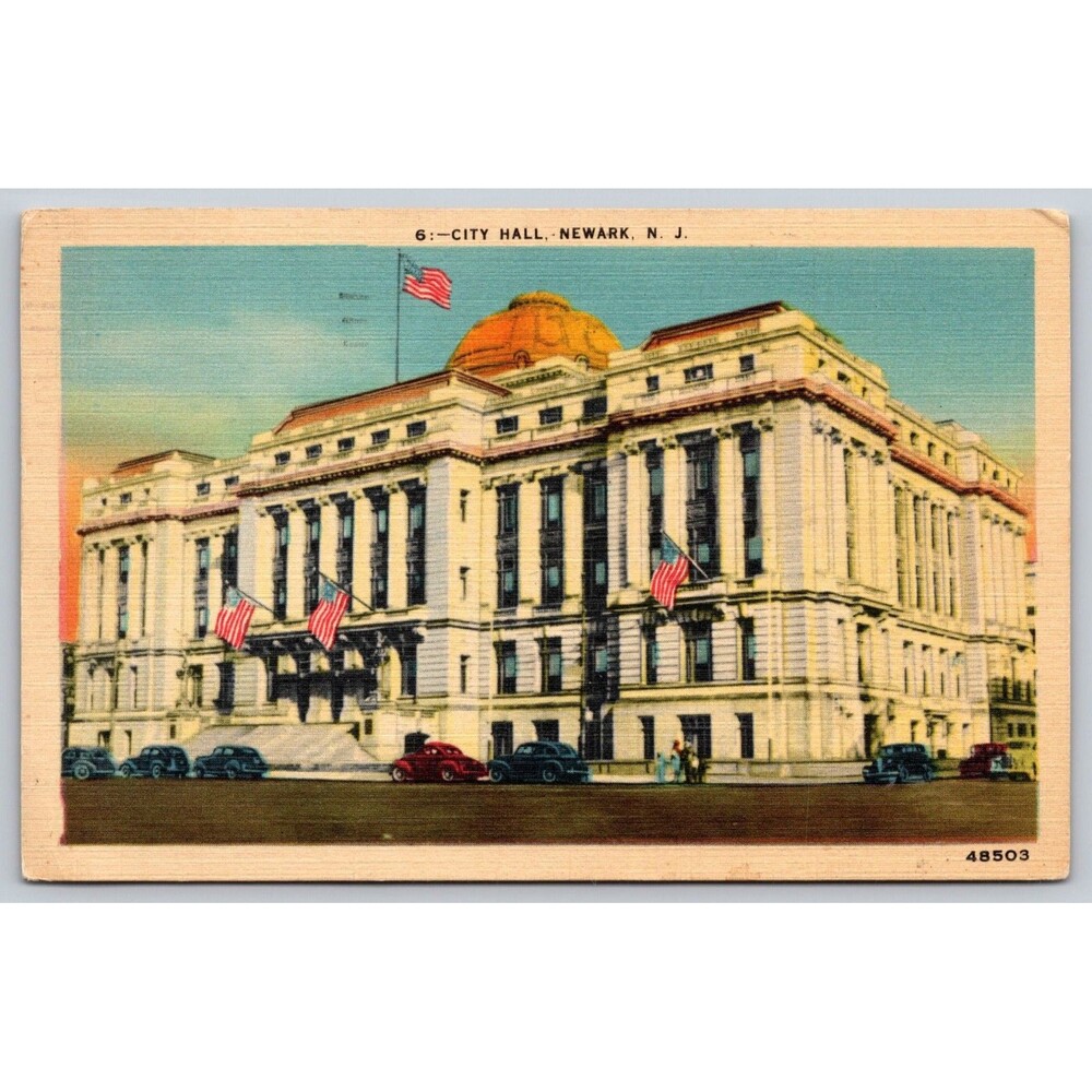 Vintage Newark NJ City Hall Linen Postcard 1952 Postmark american Art Co 48503